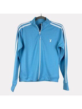 Playboy Full Zip Athletic Track Jacket Womens Medium Light Blue White Stripe